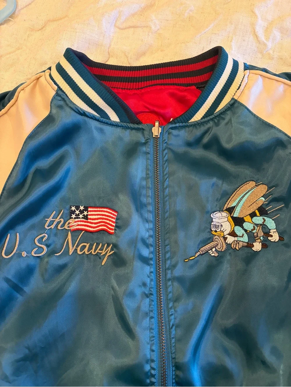 Unisex Reversible Sukajan / Satin Bomber Jacket.- Teal and Cream /Red and Navy